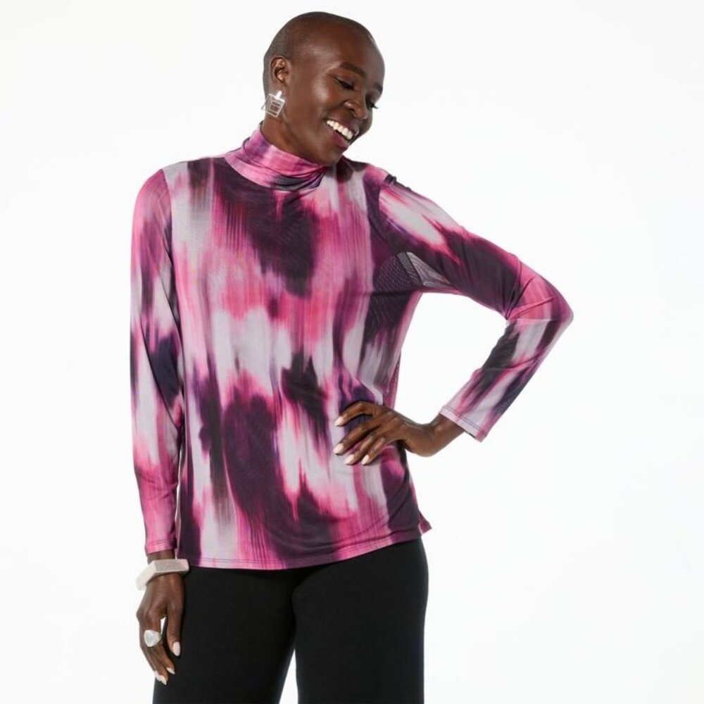 Wynne Layers Mesh Printed Turtleneck Size XS Long Sleeve Plum Combo Pink Purple